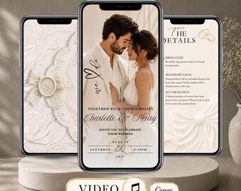 Embossed Floral Wedding Video Invitation, Ivory Animated Wedding Invite, Elegant Canva Wedding Template with Music, Digital Invitation