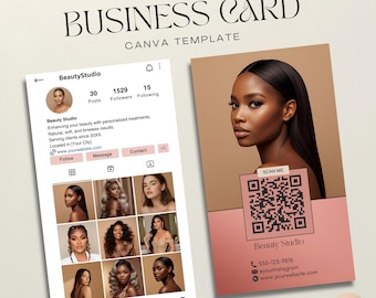 Plantilla de tarjeta de presentación para Instagram, tarjeta de esteticista editable, plantilla de Instagram para cuidado de la piel con código QR, descarga de Canva para negocios de belleza