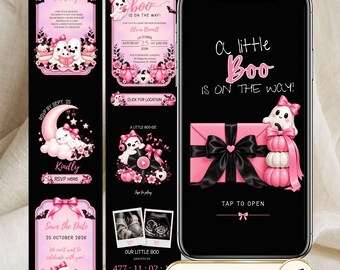 A Little Boo Is On The Way Baby Shower Website, Girl Baby Shower Invitation with RSVP, Pink Ghost Halloween Canva Template