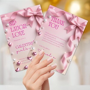 May include: Two pink Galentine's Day cards with text and decorative elements. The cards feature pink bows, ribbons, pearls, and heart-shaped accents. One card says "Sip, Laugh, Love" and the other says "Thank You".
