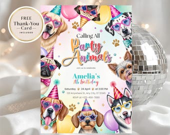Inbjudan till regnbågsflickafödelsedag, redigerbar hundfestinbjudan, låt oss pawty-födelsedagsmall, kallar på alla partydjur, direktnedladdning