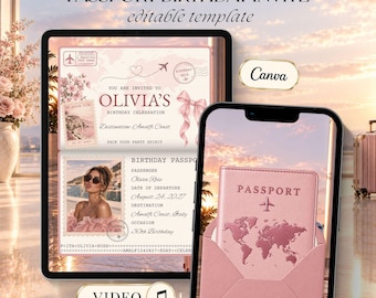 Pink Passport Birthday Video Invitation, Boarding Pass Birthday Invite, Editable Canva Destination Party Evite with Music