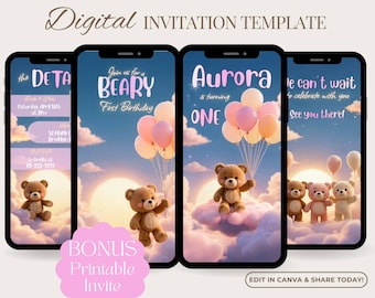 Beary First Birthday Invitation, Teddy Bear First Birthday Invite, 1st Birthday Editable Canva Template, Baby Girl Bear Party