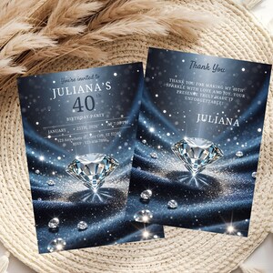 May include: Two invitation cards with a dark blue background, sparkling diamond illustrations, and the text "You're invited to Juliana's 40th Birthday Party". The second card says "Thank You" and includes a thank you message.