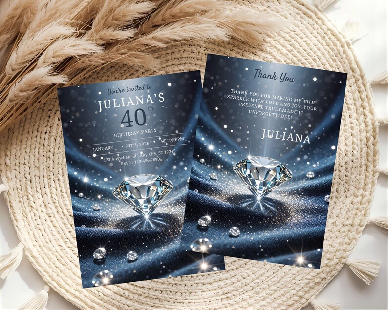 May include: Two invitation cards with a dark blue background, sparkling diamond illustrations, and the text "You're invited to Juliana's 40th Birthday Party". The second card says "Thank You" and includes a thank you message.