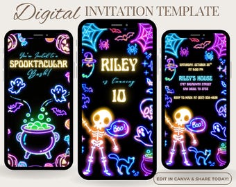 Halloween Party Invite, Neon Spooktacular Costume Video Invitation, Editable Kids Halloween Birthday Evite, Instant Digital Download