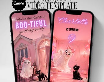 May include: Two smartphones displaying a pink Halloween video template. The left screen shows a house, a ghost with a pink bow, and a black cat with the text You're invited to a BOO-TIFUL Birthday Party. The right screen shows Charlotte is turning 9.