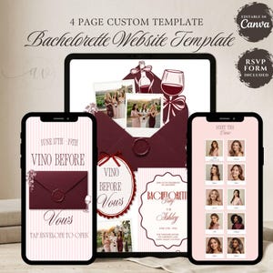 May include: A 4-page custom bachelorette website template editable in Canva, featuring a wine-themed design with burgundy envelopes, photos, and RSVP forms. The digital layout includes text like 'Vino Before Vows', 'Meet the Crew', and 'Bachelorette Party'.