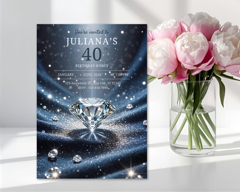 May include: A birthday party invitation with a diamond theme. The invitation reads "You're invited to JULIANA'S 40th BIRTHDAY PARTY" with date and time details. A large diamond is featured on a dark blue background with smaller diamonds and glitter. A vase of pink peonies is to the right.
