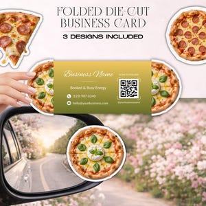 May include: A folded die-cut business card design featuring pizza graphics. The card includes the text "FOLDED DIE-CUT BUSINESS CARD" and "3 DESIGNS INCLUDED". The card also displays a business name, contact information, and a QR code.