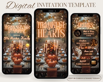 May include: Digital invitation template for a Thanksgiving dinner. The design features three smartphone screens displaying the invitation details. The invitation includes text, pumpkins, candles, and a warm, inviting color scheme.