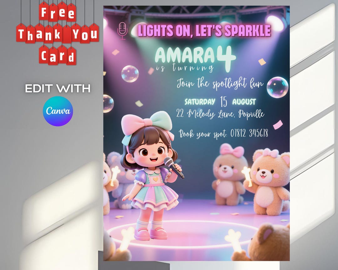 Pop Star Girl Birthday Invitation, Singer Party Editable Template for ...