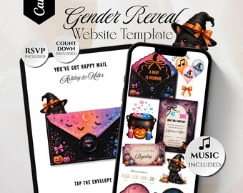 May include: A digital gender reveal website template featuring a Halloween theme with black cats in witch hats, pumpkins, and cauldrons. The design includes text such as A BABY IS BREWING, YOU'VE GOT HAPPY MAIL, Ashley & Miles, and RSVP, COUNT DOWN, MUSIC INCLUDED.