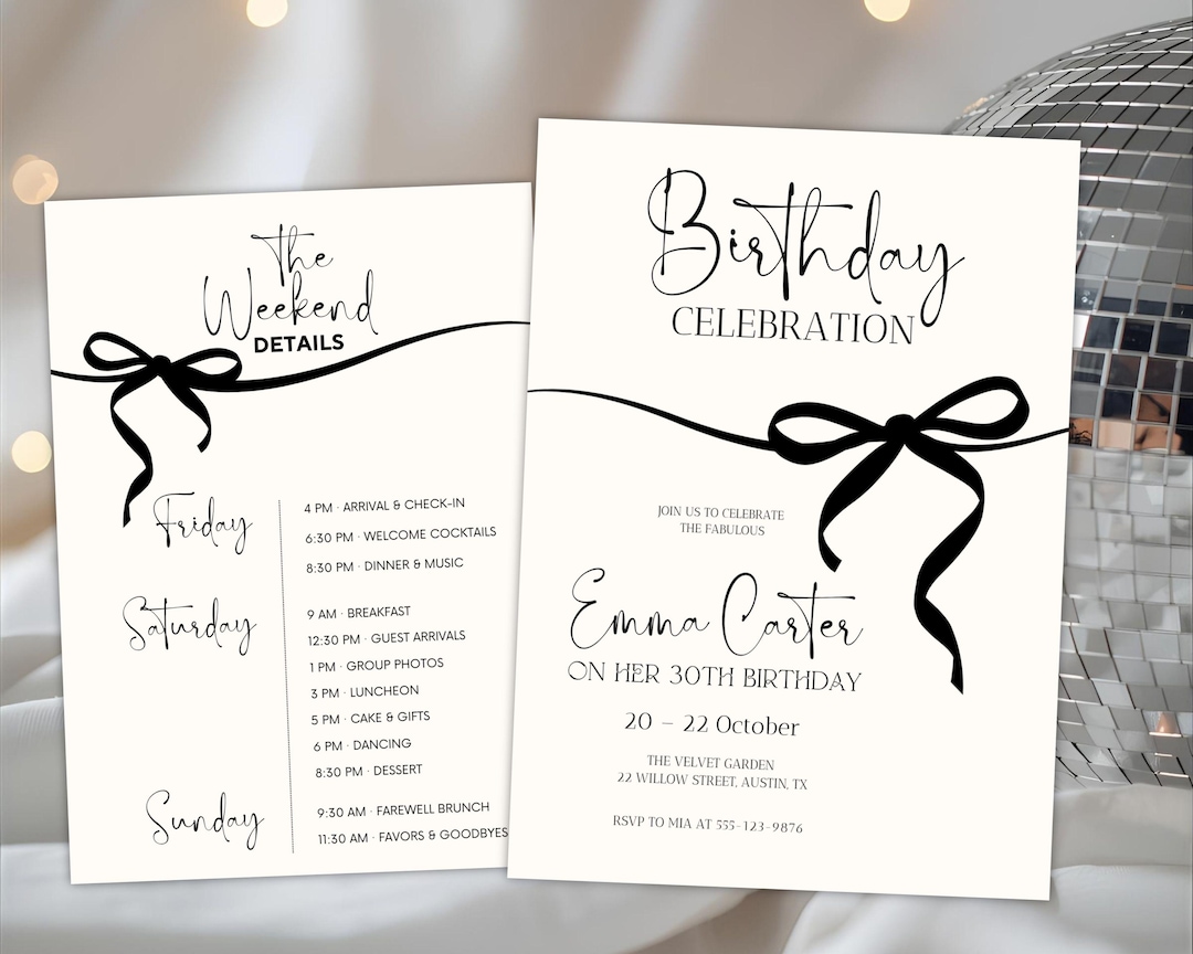 Birthday Itinerary, Birthday Program With Invitation, Black Bow ...