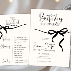 Puede incluir: Dos elegantes tarjetas de invitación con texto negro sobre fondo crema. Una tarjeta detalla los eventos del fin de semana, la otra anuncia una celebración de cumpleaños. Ambas presentan un diseño de lazo negro y fuentes decorativas.
