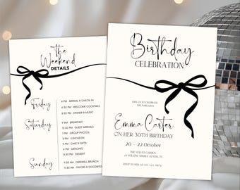 Birthday Itinerary, Birthday Program with Invitation, Black Bow Birthday Invite, Coquette Party Schedule, Editable Itinerary Template