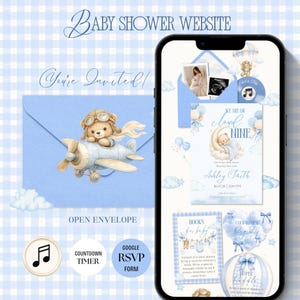 May include: A digital baby shower website template displayed on a smartphone screen, featuring a light blue gingham background, a teddy bear pilot in an airplane, and invitation details with the text We Are On Cloud Nine and Ashley Taith.