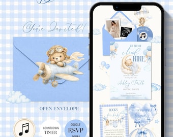 Cloud Nine Baby Shower Invitation, Canva Website Template, Boy Baby Shower Evite, Online RSVP, Music, Printable Invite