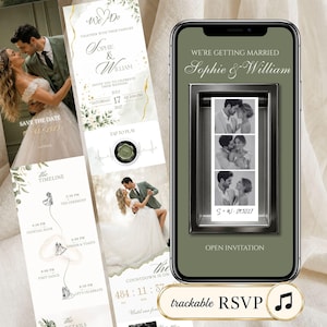 May include: A digital wedding invitation displayed on a smartphone screen with a sage green background, featuring a photo booth strip of a couple, the text Sophie & William, and a trackable RSVP button with a musical note icon.