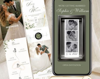 Countryside Wedding Website with RSVP, Sage Green Photo Booth Invitation, Editable Canva Template, Monogram Wedding Invite, Music, Countdown