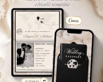 Black Passport Wedding Invitation Video, Destination Wedding Invite, Animated Wedding Passport, Digital Video Invitation, Canva Template