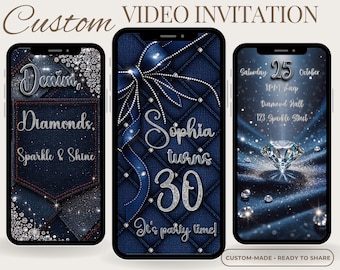 Denim and Diamond, Birthday Video Invitation, Custom Made Animated Blue Jean & Diamonds Party Evite, Luxury Digital Download