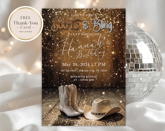 Boots and Bling Birthday Invitation, Editable Template, Cowgirl Birthday Party, Western Country Theme Invite, Instant Download
