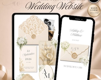Champagne Gold Ivory Wedding Website Template, Editable Canva Wedding Website with RSVP, Old Money Wedding Website, Interactive Invite