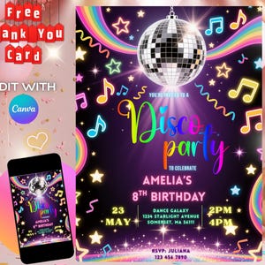 Editable Disco Party Invitation, Neon Glow Disco Dance Party Invite, Rainbow Disco Ball Birthday Invitation, Girls Glow Party Template