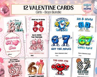 67 Valentine Cards Bundle for Kids, Six Seven Valentine Printable, Boys & Girls Classroom Valentines, Digital Download