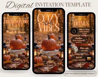 May include: Digital invitation template featuring three smartphone screens. The screens display fall-themed graphics with pumpkins, lanterns, and text. One screen reads "FRIENDSGIVING FEAST," another says "COZY VIBES," and the third provides event details.