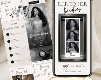 RIP Twenties 30th Birthday Website, Photo Booth Birthday Invitation with RSVP, Death to My 20s Canva Template, Music, Countdown