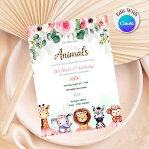 Calling All Party Animals Invitation | Editable Safari Girl Birthday Template | Jungle Animal Party Invite | Instant Download Canva