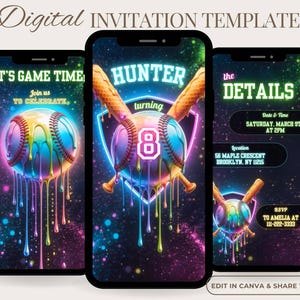 May include: Three smartphones displaying a digital invitation template. The invitations feature baseball-themed graphics with neon colors and text that reads "IT'S GAME TIME," "HUNTER turning 8," and "the DETAILS." The invitation includes date, time, location, and RSVP information.