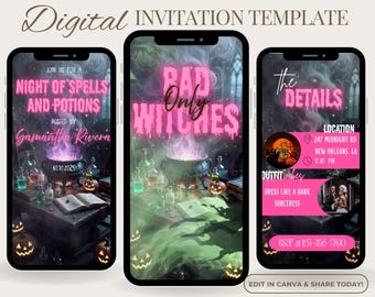 Animated Halloween Invitation, Bad Witches Girls Night Evite, Party Video Evite, Canva Template, Digital Download
