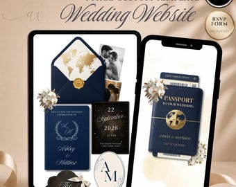 Passport Wedding Website Template, Destination Wedding Invitation, Editable Canva RSVP Travel Wedding Website