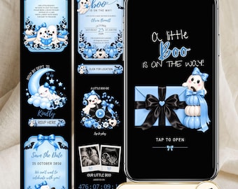 A Little Boo Is On The Way Baby Shower Website, Boy Baby Shower Invitation, Blue Ghost Halloween Invite, RSVP, Canva Template