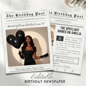 May include: A birthday newspaper with the headline "The Birthday Post" and the text "Breaking News: Amelia Turns 23!" The newspaper features a photo of a woman holding black balloons. The theme is Bold & Glam Night, with a Black Tie Chic dress code.