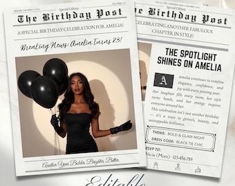 May include: A special edition birthday newspaper with the headline "The Birthday Post" and the text "Breaking News: Amelia Turns 23!" The newspaper features a photo of a woman holding black balloons. The theme is Bold & Glam Night.