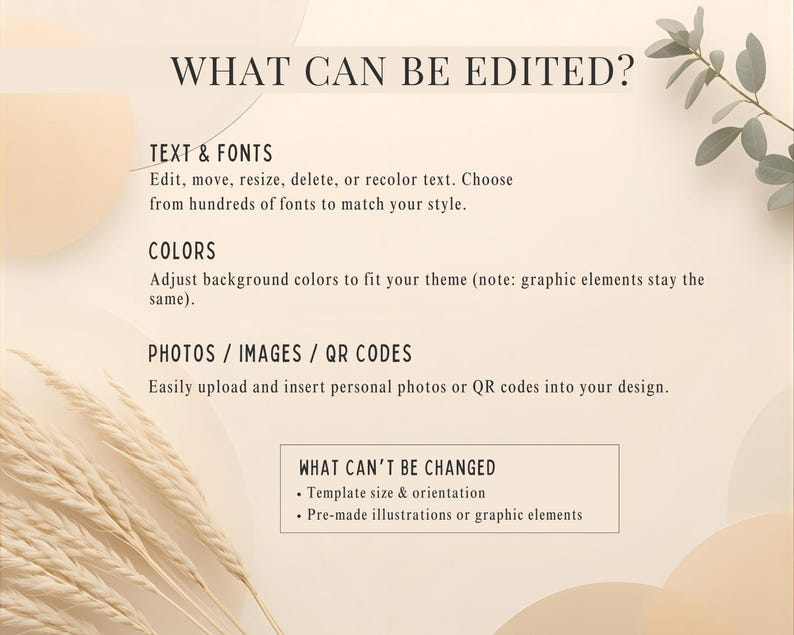 May include: A beige and cream-colored graphic with text that reads "WHAT CAN BE EDITED?" and details on editing text, fonts, colors, photos, images, and QR codes. The image also lists what cannot be changed.