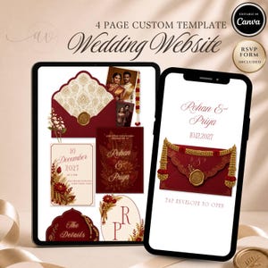 Könnte beinhalten: Eine digitale 4-seitige, anpassbare Hochzeits-Website-Vorlage auf einem Tablet und Smartphone. Das Design zeigt dunkelrote und cremefarbene Töne, florale Motive und goldene Akzente. Text enthält "Wedding Website", "Rohan & Priya" und "10.12.2027".