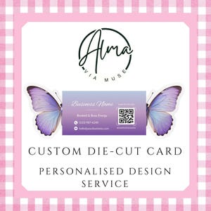 May include: A custom die-cut card with a personalized design service. The card features a business name, contact information, and a QR code. Two purple butterflies flank the card. The background is a pink and white gingham pattern.