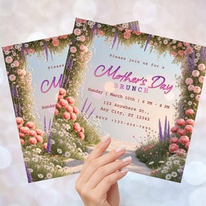 May include: Two Mother's Day brunch invitations. The invitations feature a floral design with pink roses, lavender, and white daisies. The text reads "Mother's Day Brunch" with event details. The background is a soft, blurred bokeh.