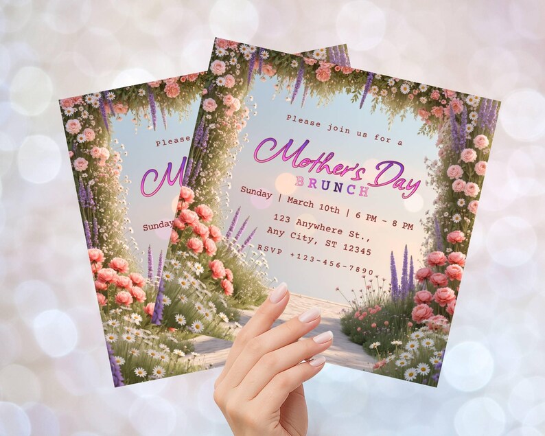 May include: Two Mother's Day brunch invitations. The invitations feature a floral design with pink roses, lavender, and white daisies. The text reads "Mother's Day Brunch" with event details. The background is a soft, blurred bokeh.
