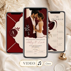 May include: Three smartphones displaying digital wedding invitation templates with a deep red and cream colour scheme. The screens show a couple, a wax seal with initials AL, and a wedding programme schedule with text including Ashley & Liam.