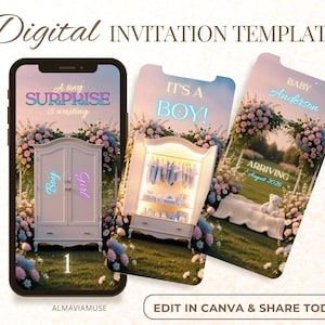 May include: Digital invitation template with three phone screens. One screen says "A tiny surprise is arriving" with a wardrobe. Another says "It's a Boy!" with baby clothes. The last says "Baby Anderson arriving August 2026".