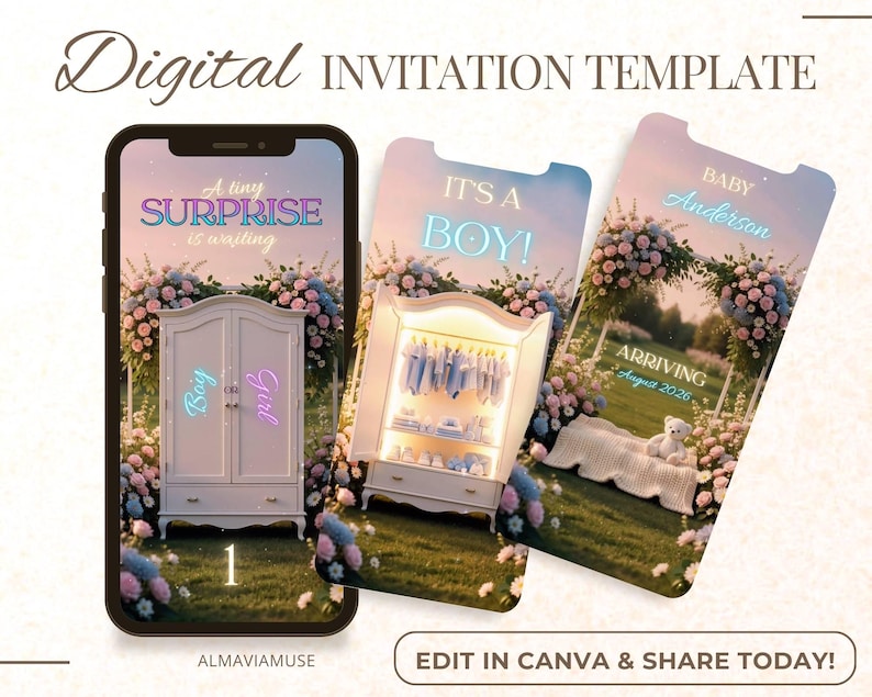 May include: Digital invitation template with three phone screens. One screen says "A tiny surprise is arriving" with a wardrobe. Another says "It's a Boy!" with baby clothes. The last says "Baby Anderson arriving August 2026".