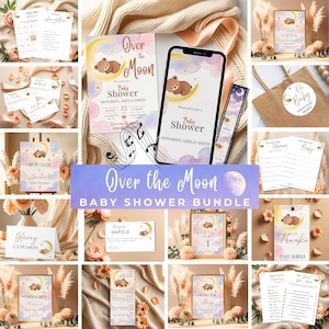 Over the Moon Baby Shower Bundle, Moon & Stars Invitation + Video, Editable Canva Templates, Printable Games and Baby Shower Signs