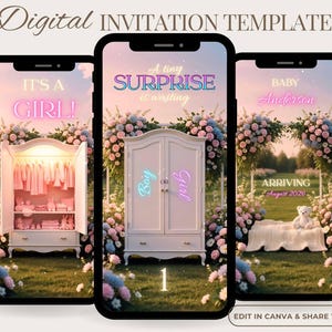 May include: Digital invitation template displayed on three smartphones. The first phone reads "IT'S A GIRL!" with a pink neon sign. The second phone says "A tiny SURPRISE is waiting" with "Boy" and "Girl" on the wardrobe. The third phone says "BABY Anderson ARRIVING August 2026".