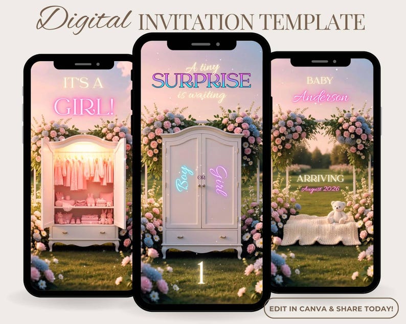 May include: Digital invitation template displayed on three smartphones. The first phone reads "IT'S A GIRL!" with a pink neon sign. The second phone says "A tiny SURPRISE is waiting" with "Boy" and "Girl" on the wardrobe. The third phone says "BABY Anderson ARRIVING August 2026".